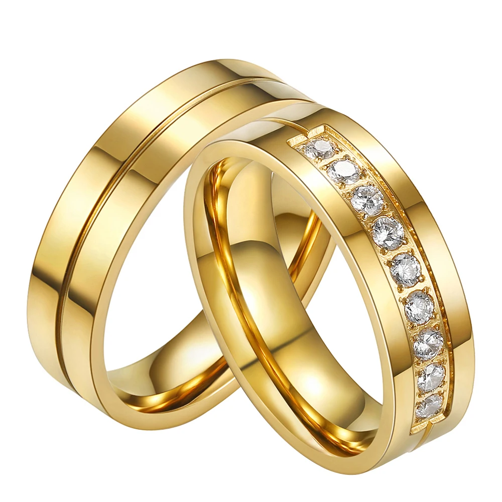 Luxury Titanium Steel Couple Rings Gold Plated Valentine's Gift Wedding Engagement Rings