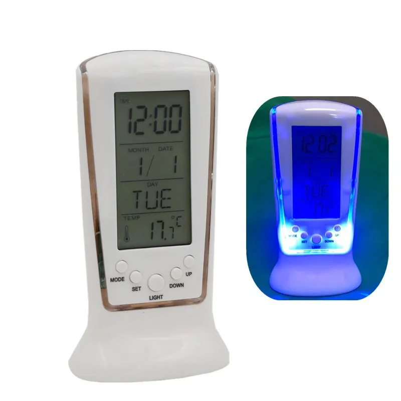 

LCD Digital Alarm Clock 12H/24H with Blue Backlight Electronic Calendar Thermometer Meter Gift Desk LCD Clock Home Decoration