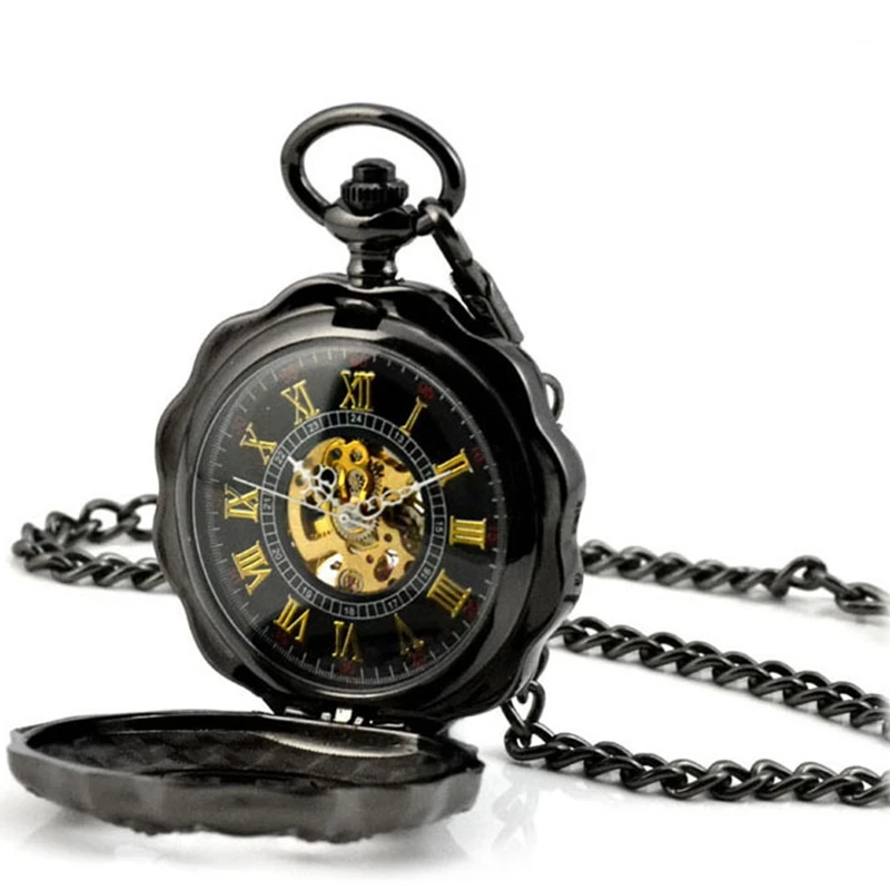 

Men Antique Luxury Brand Necklace Pocket & Fob Watches Male Clock Black Steampunk Skeleton Mechanical Pocket Watch with chain, 1 colors for choice