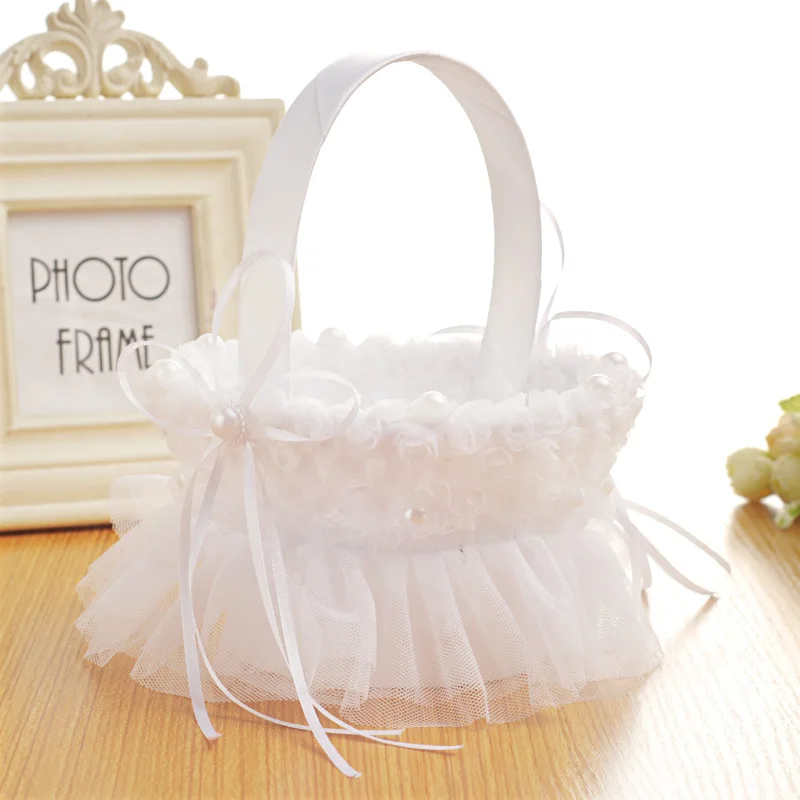 Hot-selling White Wedding Flower Girl Basket With Lace And Bow ...