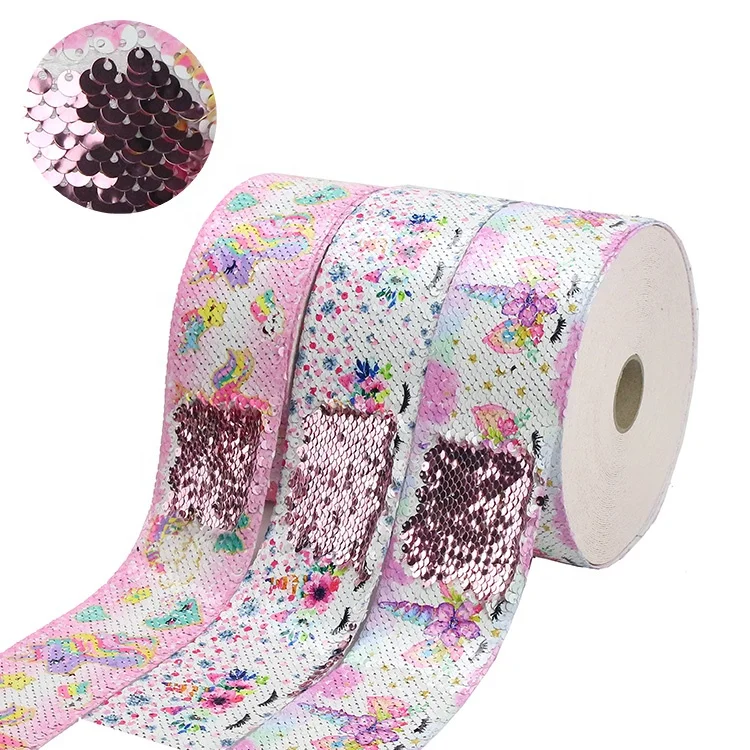 

Pink Rose Base Ribbon Unicorn Printed 75mm 3 Inch Wide Sequin Ribbon For Hair Accessories, Custom