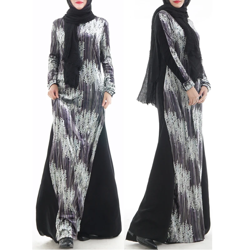 

Fashion loose style latest design women islamic velvet abaya black printed islamic dress winter tanzania, Various colors