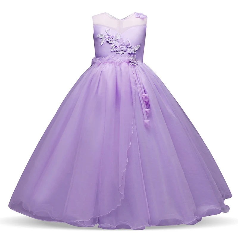 

Korean style girl wedding gown fancy kid evening dresses Elegant purple long dress with flowers, Pink;purple;white;green.gray;champagne