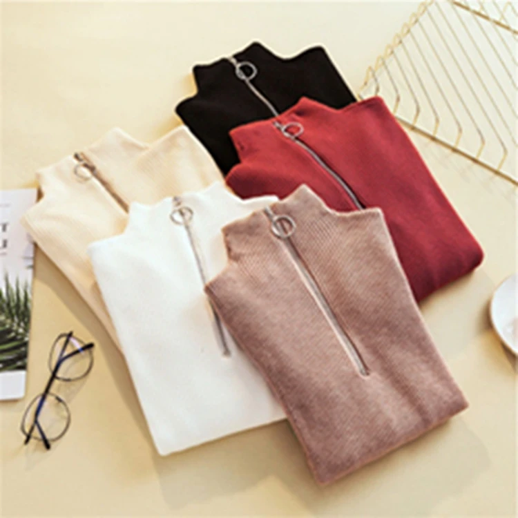 

Casual Knitted Turtleneck Zipper Sweater Women Solid spring autumn long Sleeve sweater Pullovers