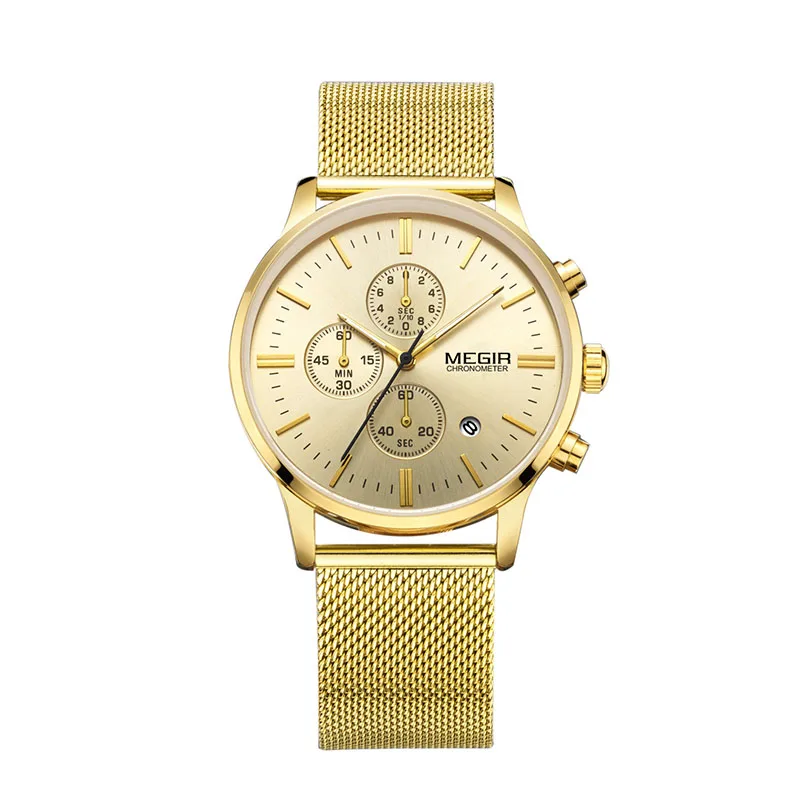 

Hot Selling Gold Stainless Steel Mesh Strap Chronograph Waterproof Men Watch
