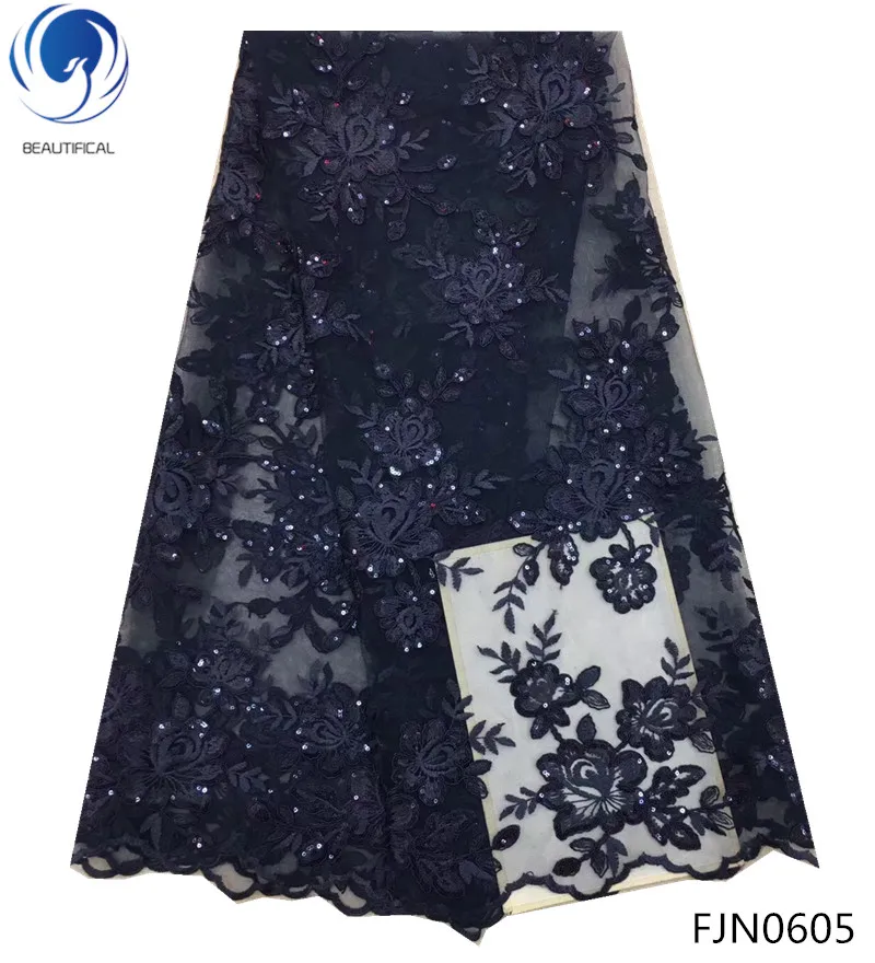 

Beautifical 2018 Wholesale shinny lace sequin dark blue embroidery sequins net fabric soft tulle lace FJN06, Customized