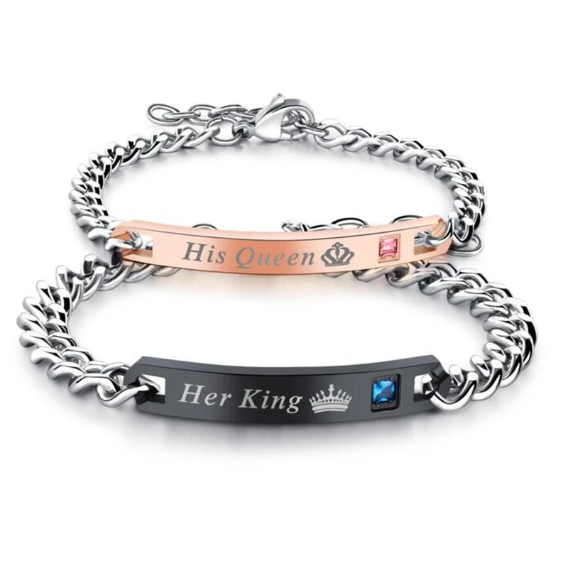 Couple Stainless Steel Bracelets Blanks Crystal Heart Crown Charm Bracelets For Women Men Jewelry Valentine