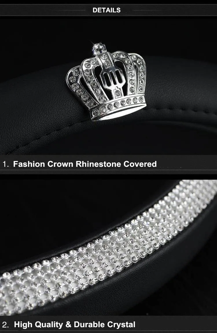 ALVAZA Crystal Car Steering Wheel Cover Bling Bling Rhinestones Car Diamond with Genuine Leather and Crown Decro Not Slip Breathable Steering Covers with 3 Pieces Bling Rings