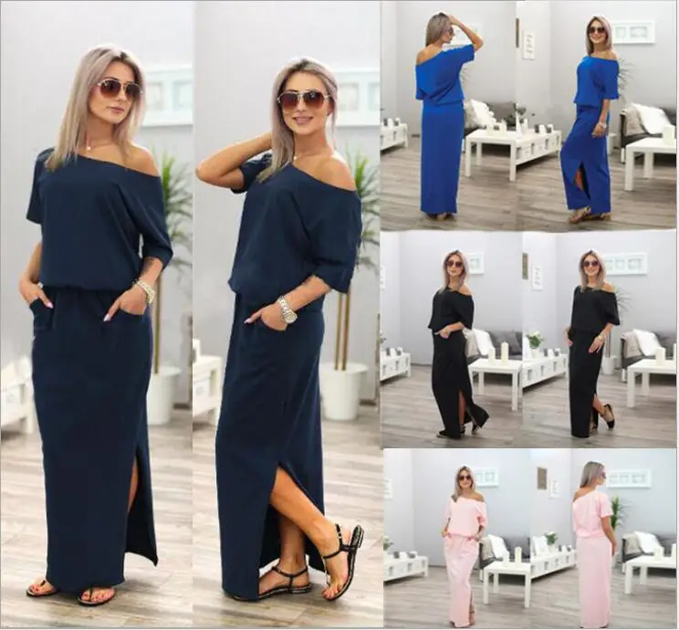 

Coldker Women Boho Short Sleeve Side Slit Loose Evening Dress Party Long Beach Dress Maxi Dress, As show