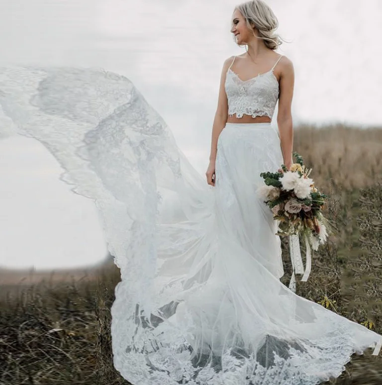 

Spaghetti Strap Two Pieces Sexy Ghana White Boho Wedding Gown With Long Train, White/ivory