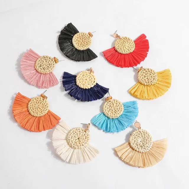 

2019 Boho Fashion Jewelry Coloful Braided Fringe Raffia Earrings For Women