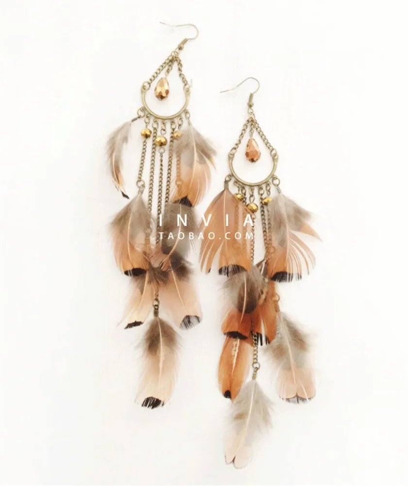 

Bohemia Retro Bronze Feather Long Drop Dangle Beads Tassel Earrings Wholesale Daily Wear Druzy Feather Earrings