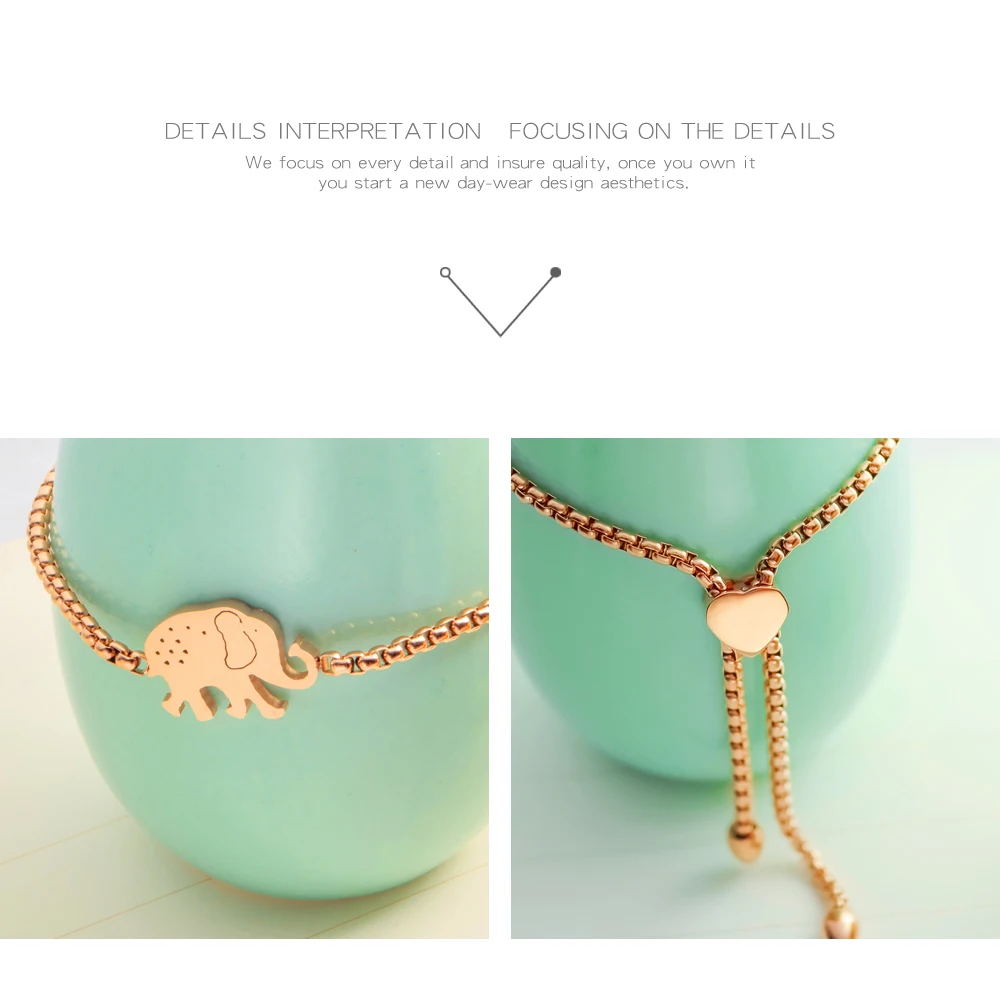 MICCI new arrivals slider jewelry designs stainless steel rose gold plated elephant bracelet