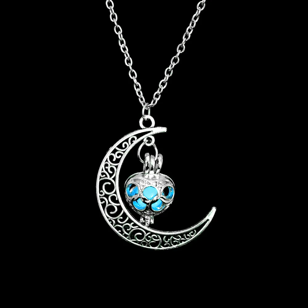 

2018 New Hot Gem Charm Jewelry Silver color Moon Glowing Necklace for Halloween Gifts, Green;blue;purple;light blue