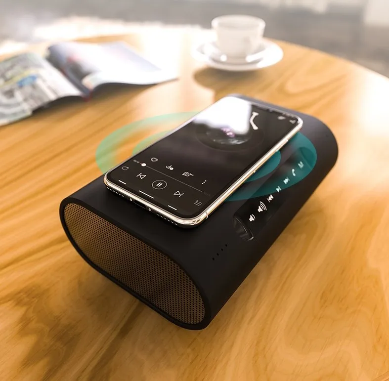 

Super Bass Stereo Blue-tooth Speaker with Qi Wireless Charging, Black and silver