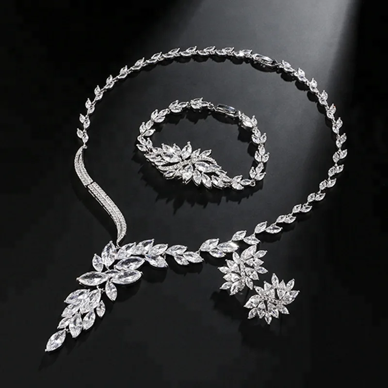 

RAKOL SP287 New Style Luxury Copper Crystal CZ zircon Flower Long Pendant Necklace Three Jewelry Set, As picture