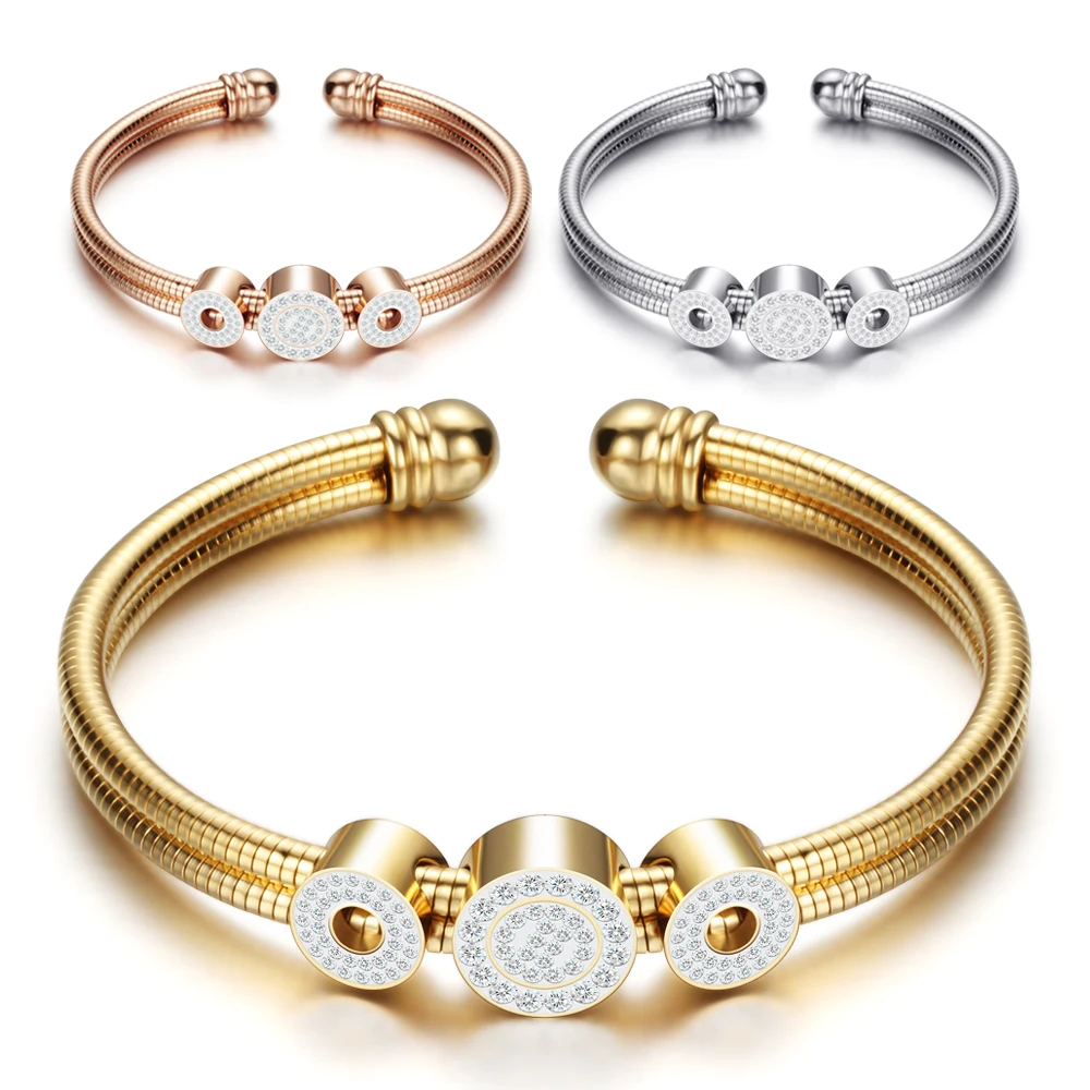 Adjustable Three Colors Stainless Steel Women Jewelry Charm Bead Bangle