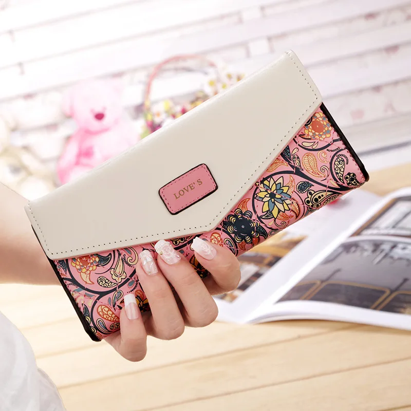

Envelope Women Wallet Hit Color 3Fold Flowers Printing 5Colors PU Leather Wallet Long Ladies Clutch Coin Purse