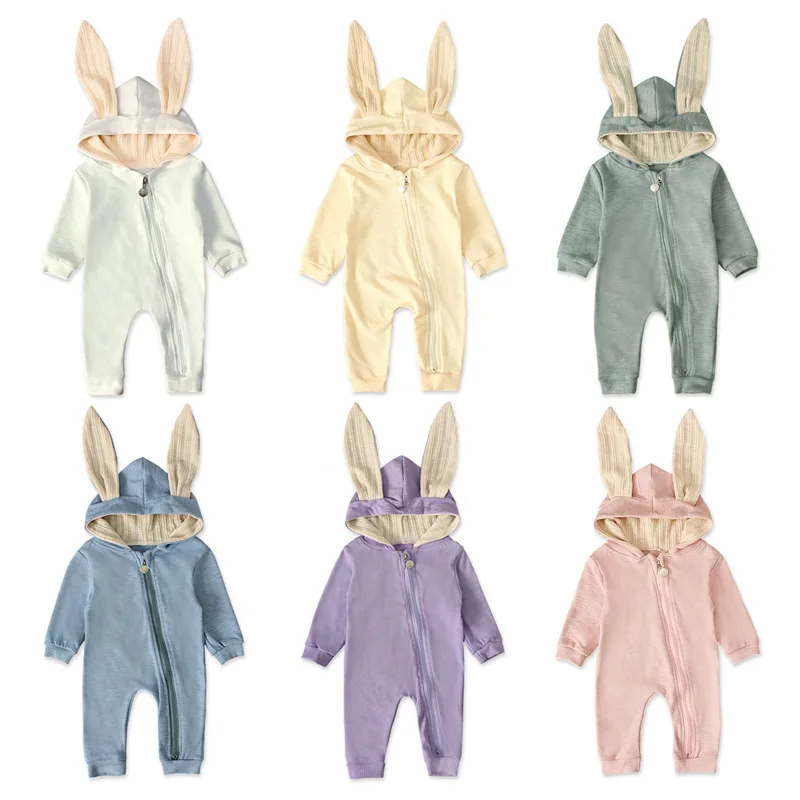 

0-2Y Newborn Toddler Kids Baby Boy Girls Bunny Ear Long Sleeve Zipper Hooded Romper Jumpsuit Outfits Warm Autumn Clothes, As picture