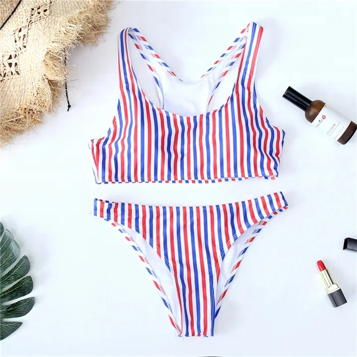 

Women New Red And Blue Stripe Sexy Swimsuit High Waist Split Bikini