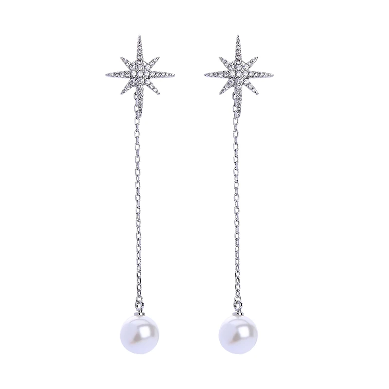 

me0093 S925 Silver Pin Long Zircon Pearl Pendent Crystal Star Earring Stud 2020, As pictures