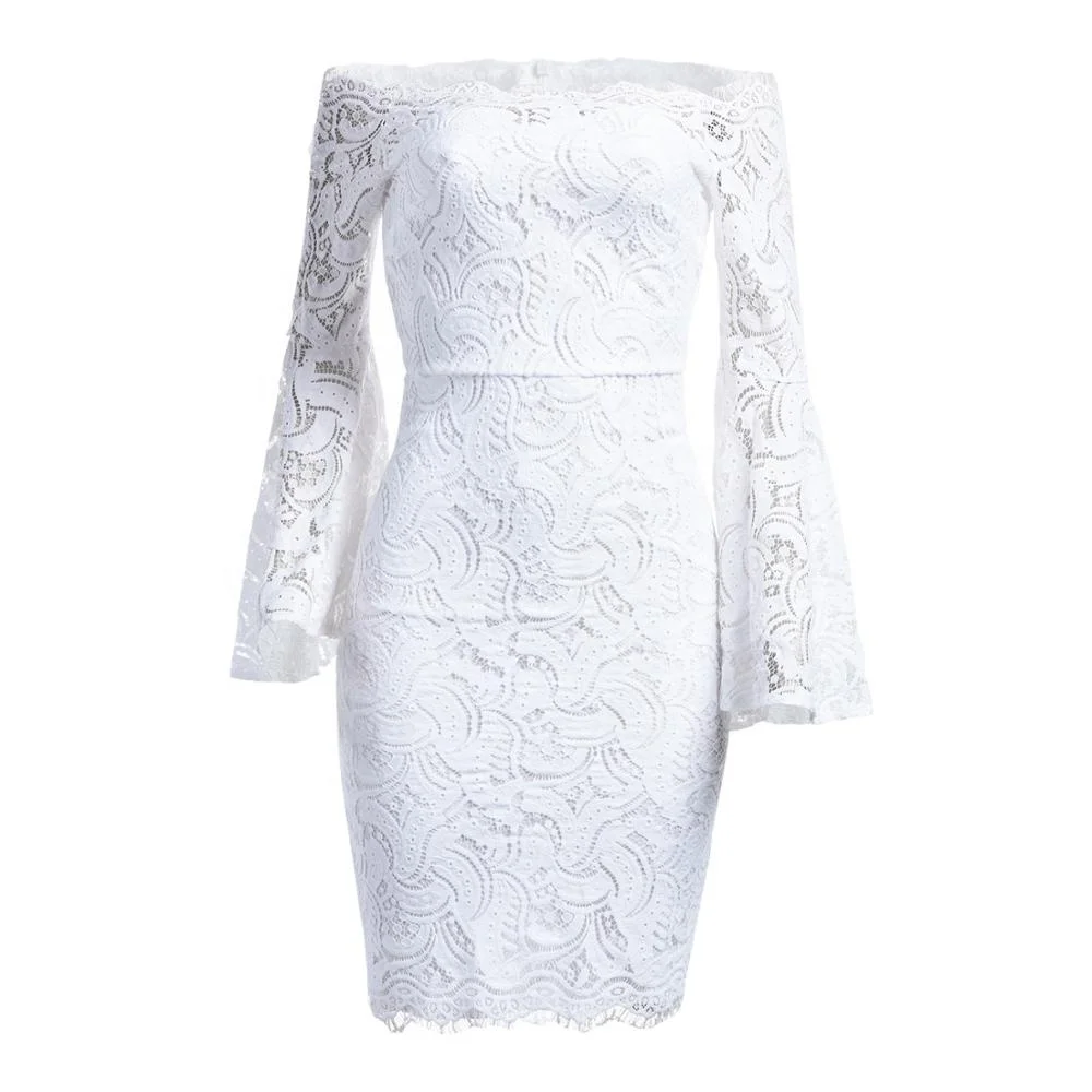 

New Fashion Women Bell Sleeve Crochet Lace Off Shoulder Dress