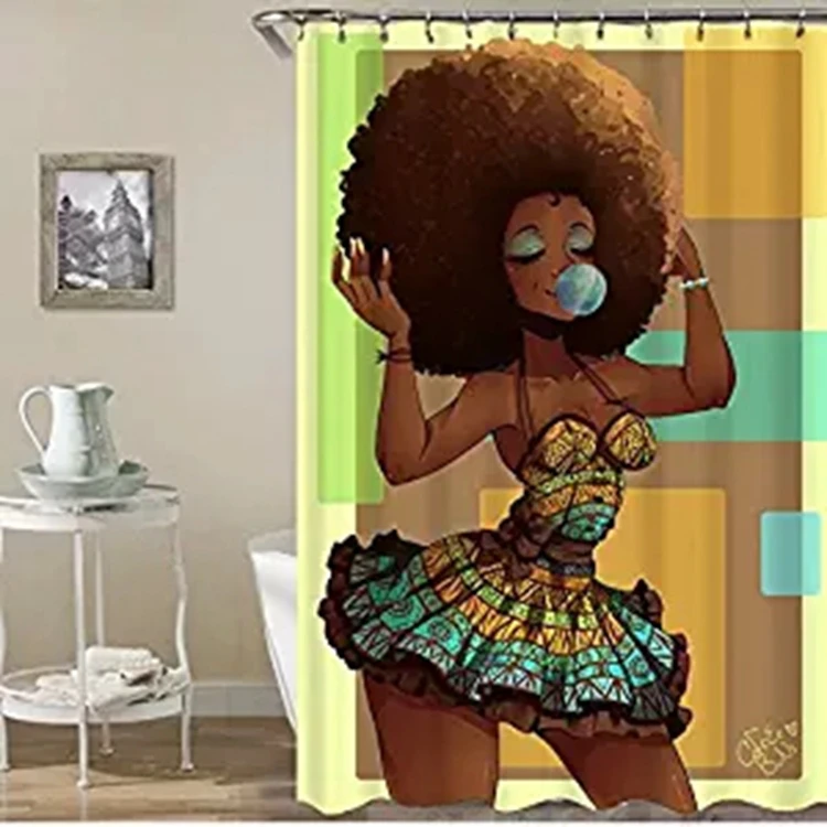 Afro Bubble Girl Shower Curtains African Art Bath Decor Mildew