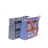 Free Shipping Wholesale Big Women black and white Stripe leather Bag With Make up Transparent Tote