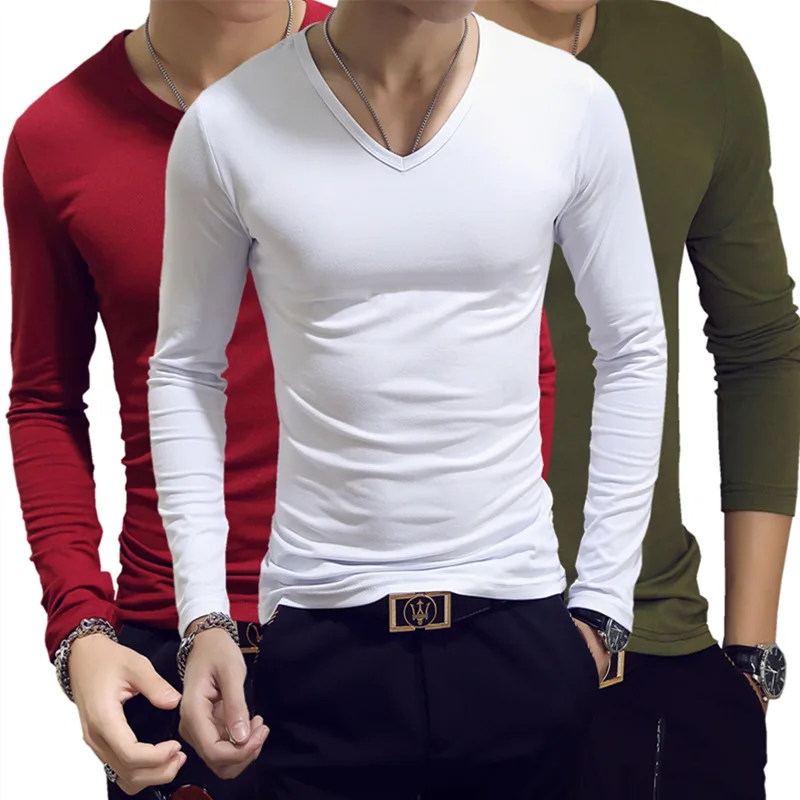 

Hot Sale Long Sleeve Plain T Shirts V Shaped Casual T Shirts Men Clothing 2019, As pictures