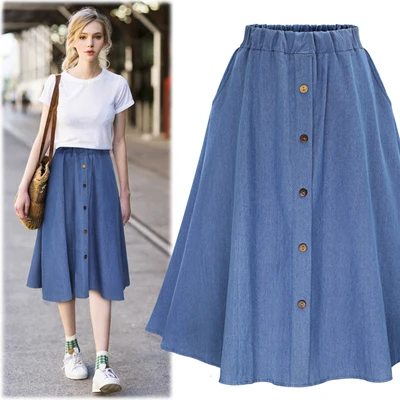 Autumn Fashion Women Korean Cute Blue Flare Pleated Skirt Elastic Waist Single Breasted Ladies Denim Jeans Maxi Skirts