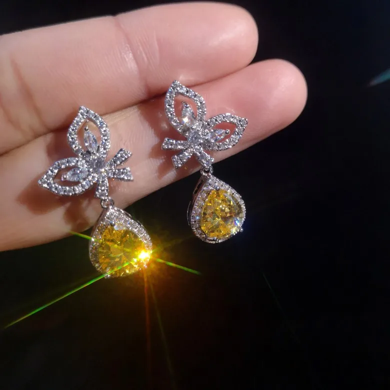 

Luxury Yellow Cubic Zirconia Earrings Elegant Korean Bow Butterfly Waterdrop CZ Stone Drop Earrings Wedding Bridal, Picture