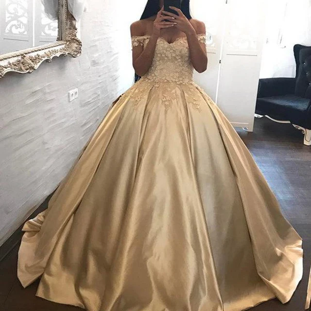 

Simple Princess Dubai Off Shoulder Satin Wedding Dress, Champagne