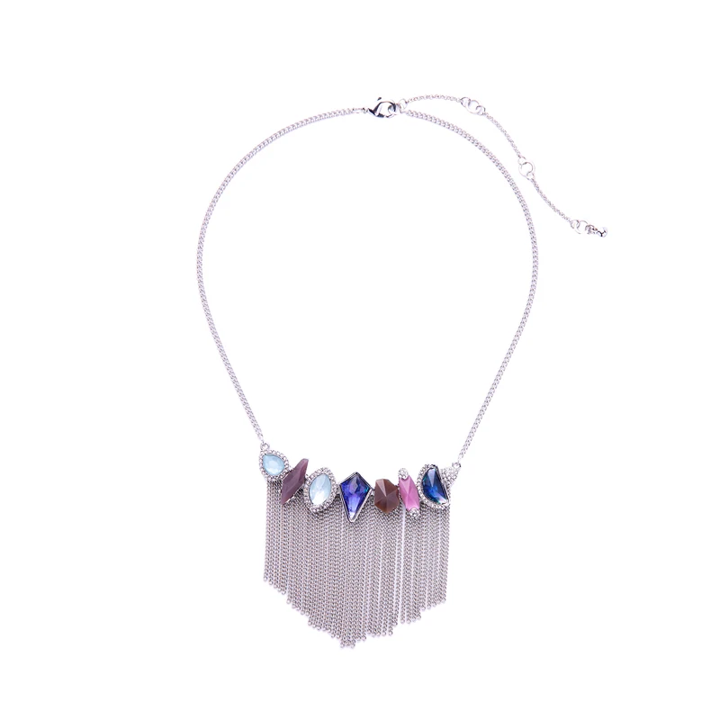 

xl00194b Fashion Shiny Stone Gem Silver Chain Tassel Necklace Designs For Friend Jewelry, As picture