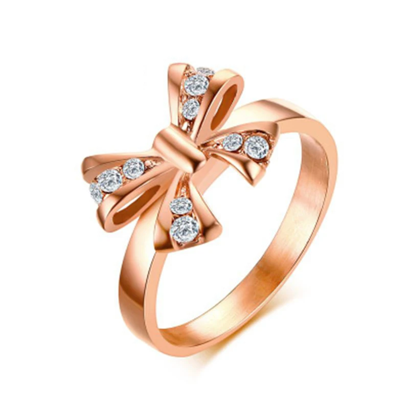

2019 New Arrivals Stainless Steel Bow Women Gold Ring Shiny Rhinestone Ring Wedding Engagement Ring Party Decorations, Rose gold
