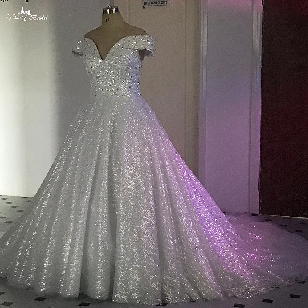 

RSW495 Luxury Bling Off Shoulder Ball Gown Glitter Fabric For Wedding Dress