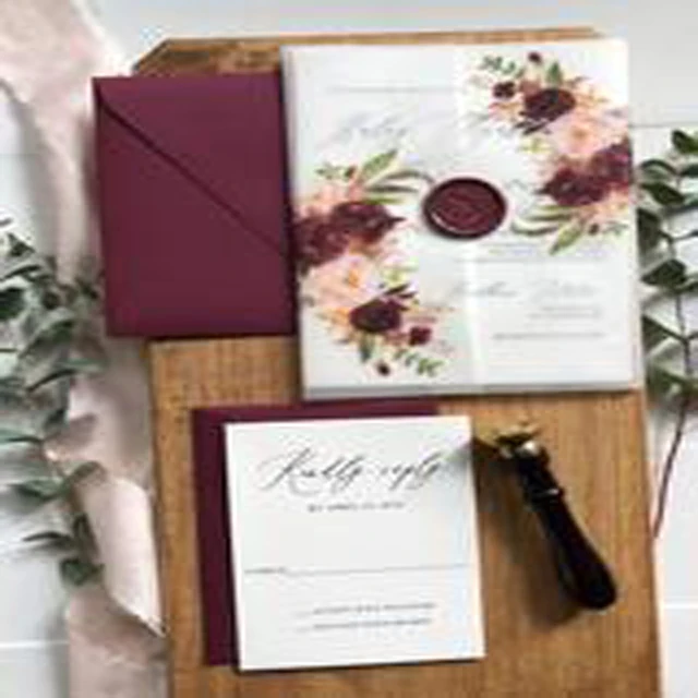 

Beautiful Four Colors Printing Wedding Cards With Tracing Paper And Wax