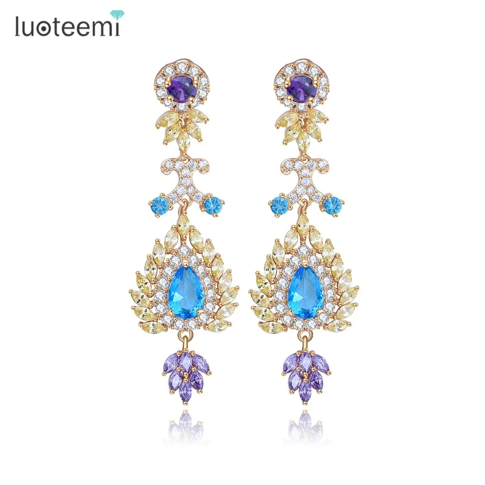 

LUOTEEMI Luxury Multi Colors Cubic Zirconia Drop Earrings High Quality Women CZ Diamond Party Costume Jewelry