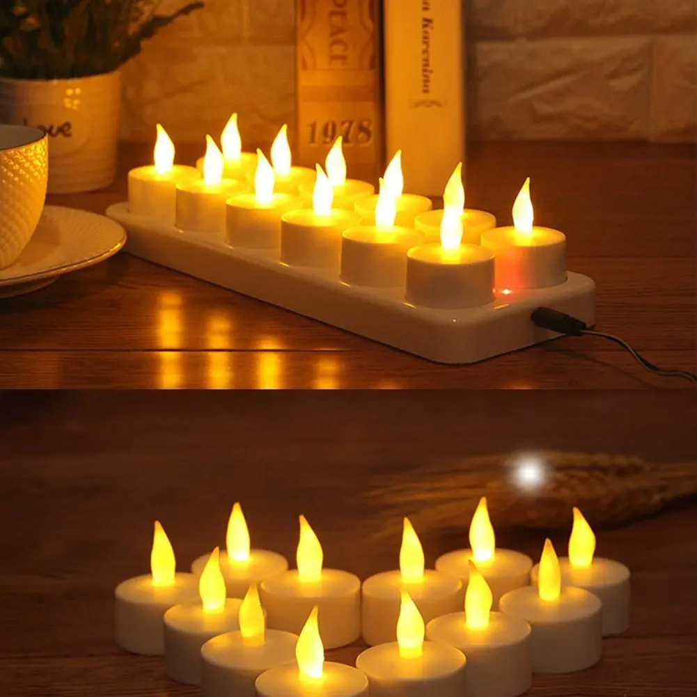 Set Of 12 Amber Flickering Rechargeable Led Tea Light Candle/led