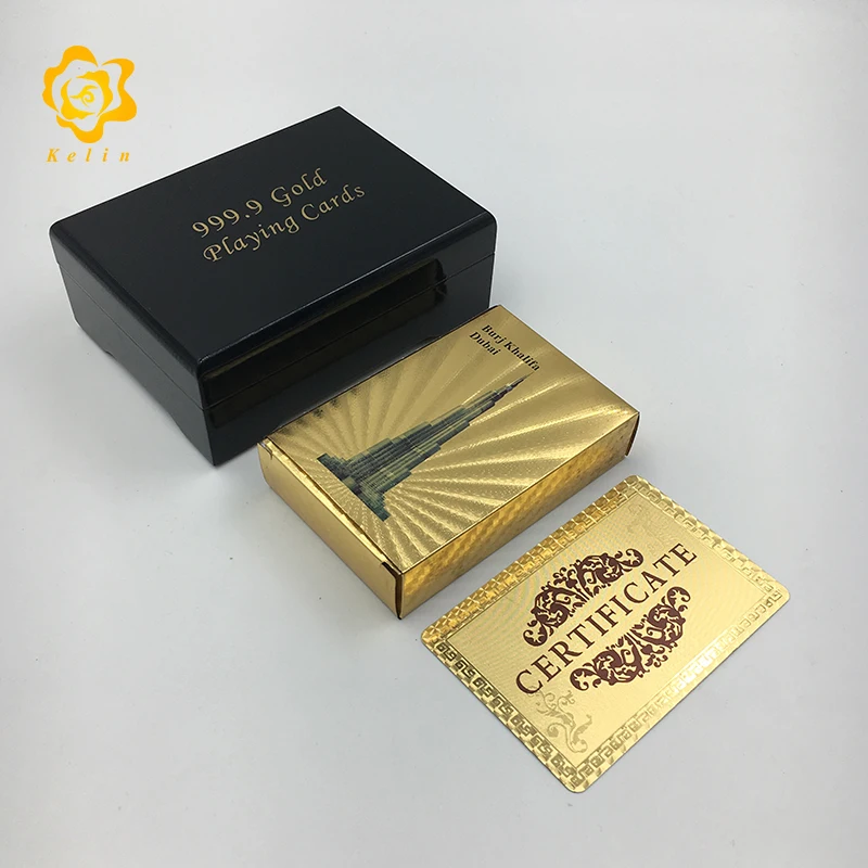 

24K Gold Dubai Playing Cards Waterproof Poker Cards With Wooden Box and Golden Certificate Card