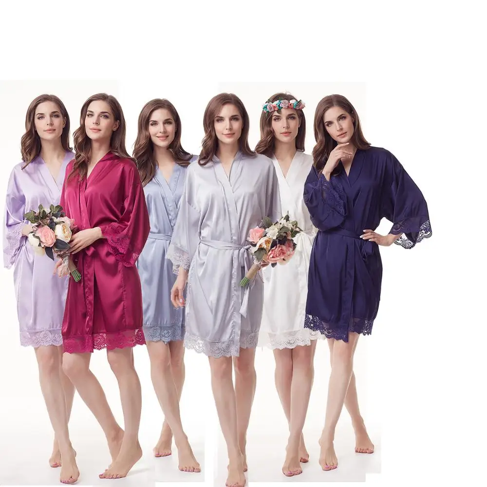 

Wedding gift fast shipping silky matte satin lace trim robe