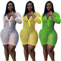 

A060048 summer sexy woman fashion 2020 nightclub rompeers sexy transparent fishnet short jumpsuit