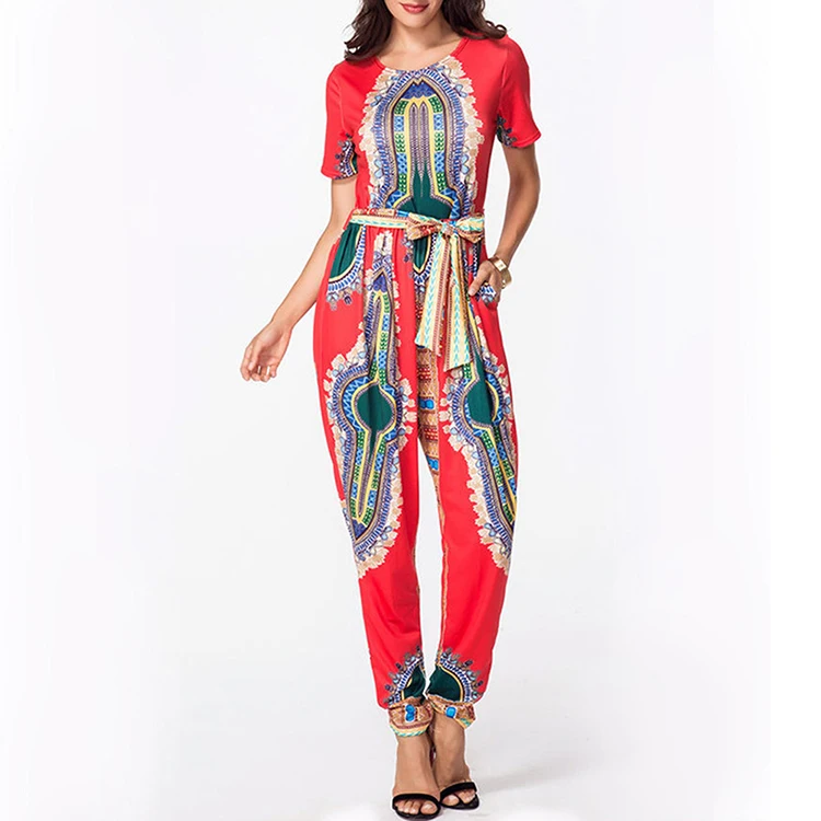 

Lover Beauty Wholesale Latest Design Waistband Jumpsuit Women Casual Clothing Dashiki Print Jumpsuit, As show