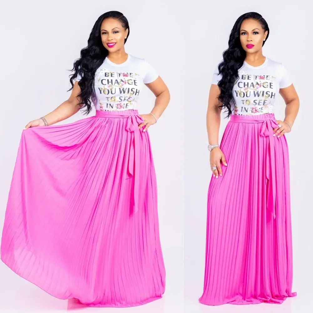 

Wholesale women soild color half pleated chiffon skirts long crepe chiffon skirt with waist strap