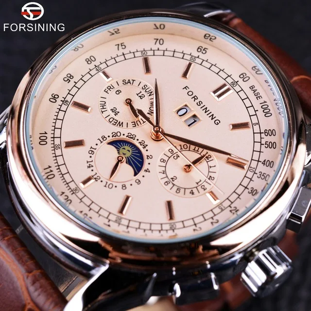 Forsining Fashion Mens Roman Day Chronograph Moon Phase Week Calendar Watch Casual Leather Strap Wristwatch
