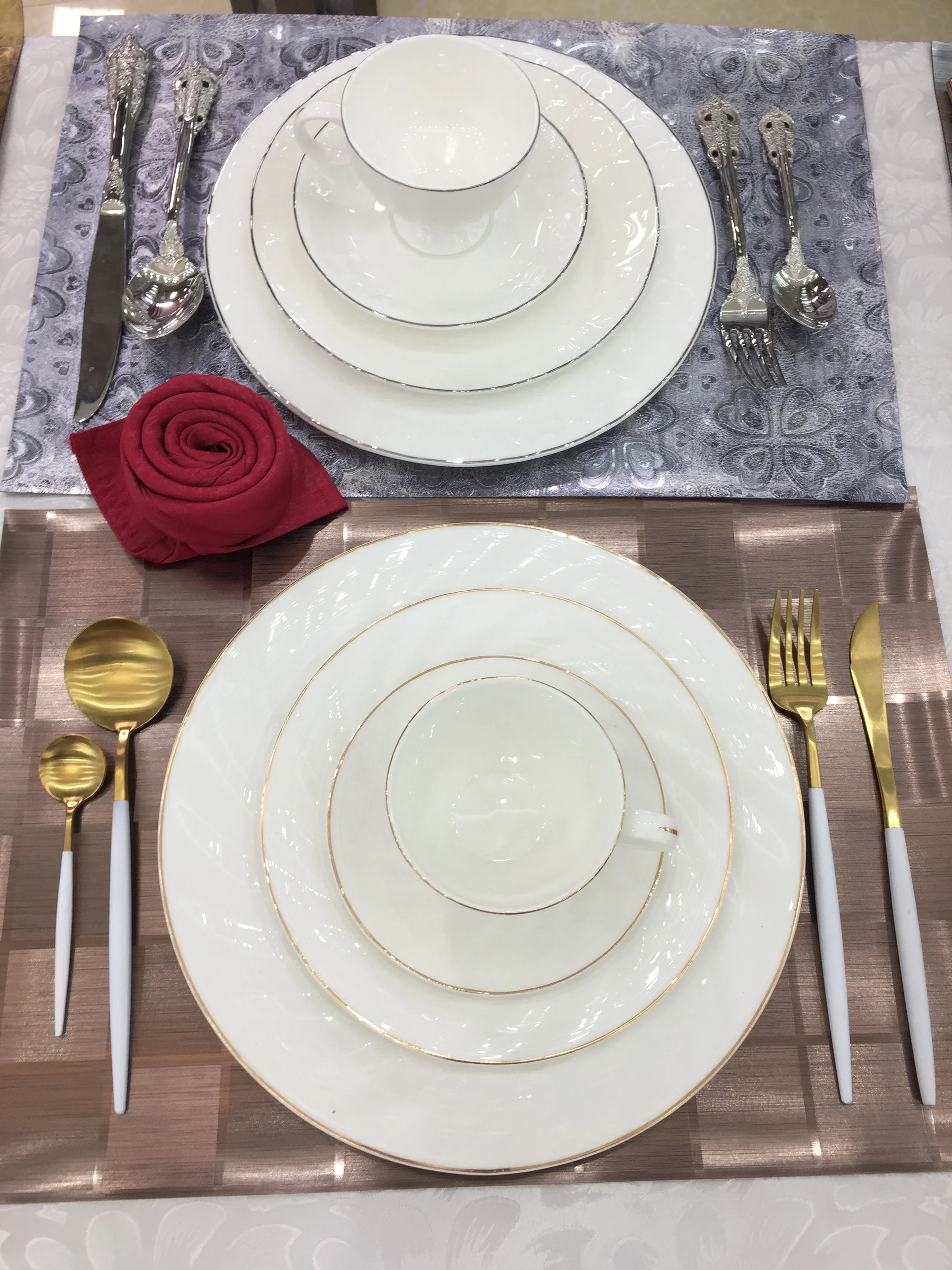 Used restaurant hotel luxury fine bone china white dinner plate with gold rim