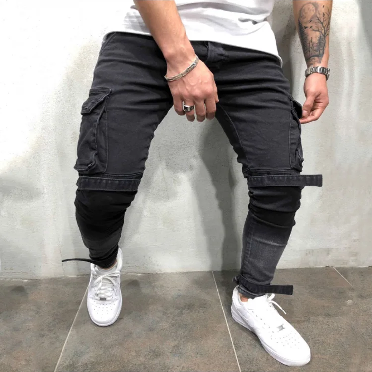 

New men's biker jeans Slim micro-elastic black large pocket casual beam men's feet pants straps simple jeans handsome youth jean, Picture color