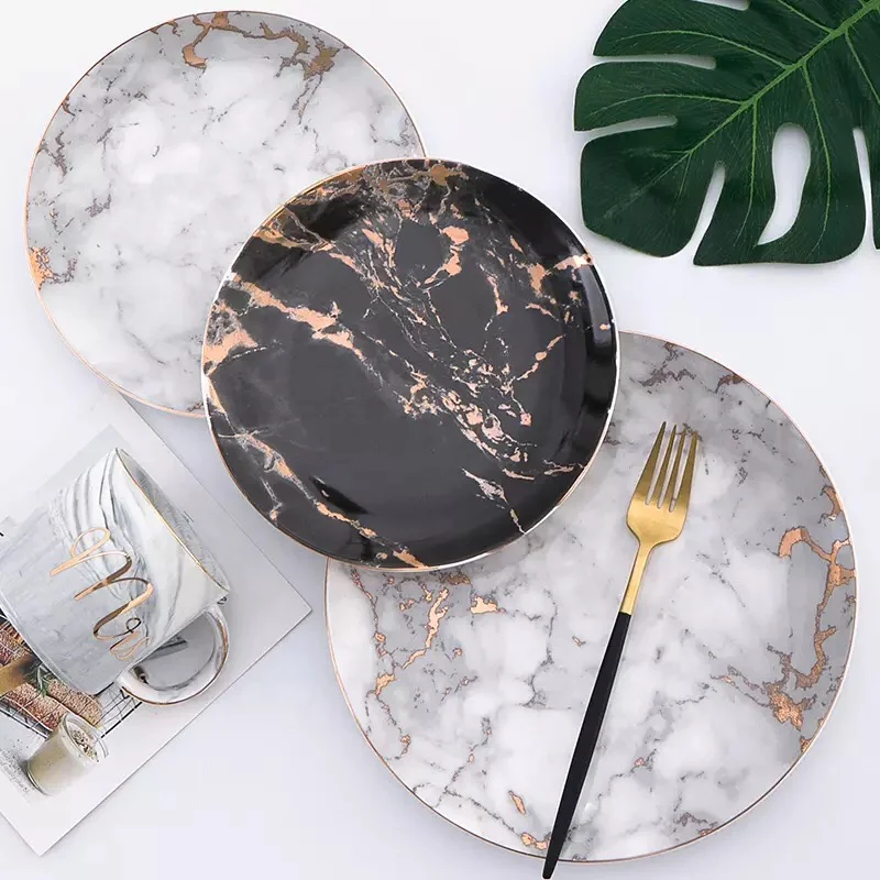 

Customized decorative gold rim exquisite cheap ceramic 10.5 inch marble plate for weddings, Gray