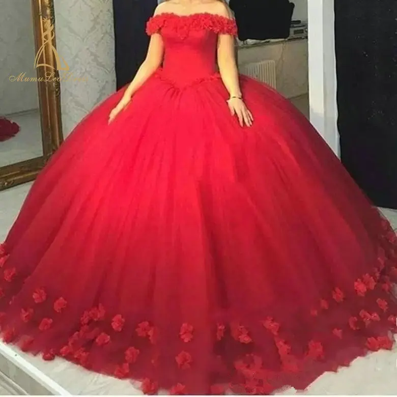 

Cheap Off The Shoulder Flower 2019 Small Tulle Quinceanera Dress Ball Gown Red