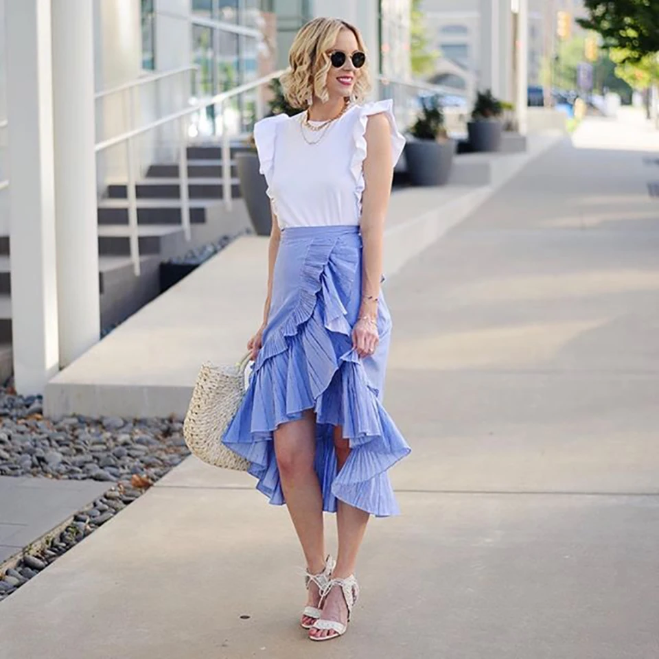 blue and white vertical striped skirt outfit