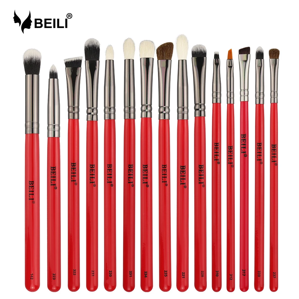 

BEILI Pro 15 pcs Red Eye Makeup Brushes Tool Set Cosmetic Eye shadow liner Concealer Makeup Brushes Kits Goat Hiar Private Label